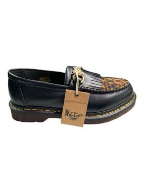 New Dr. Martens Leather Loafers Black Size 8 Brown Leopard Print Toe Bovine Hair